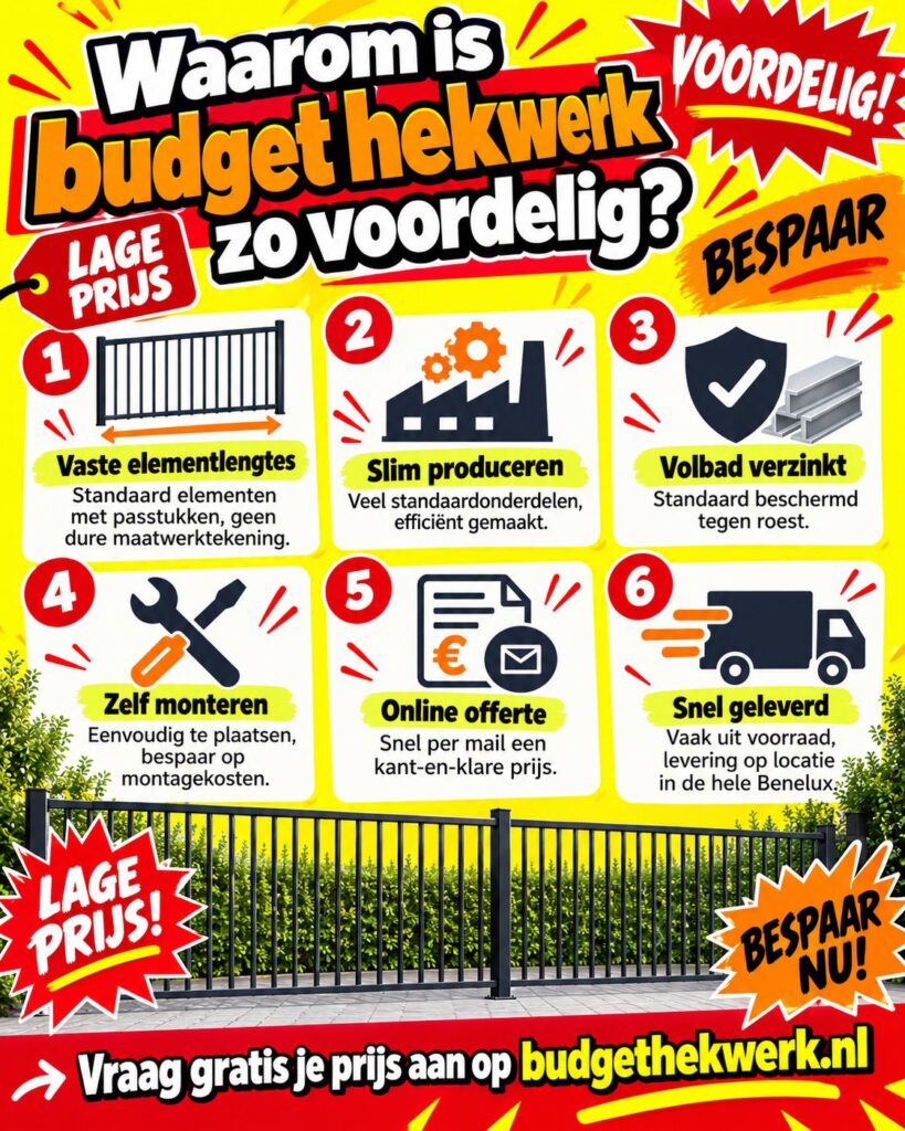 Infographic: waarom is budget hekwerk zo voordelig? Vaste elementlengtes, slim produceren, volbad verzinkt, zelf monteren, online offerte en snel geleverd.